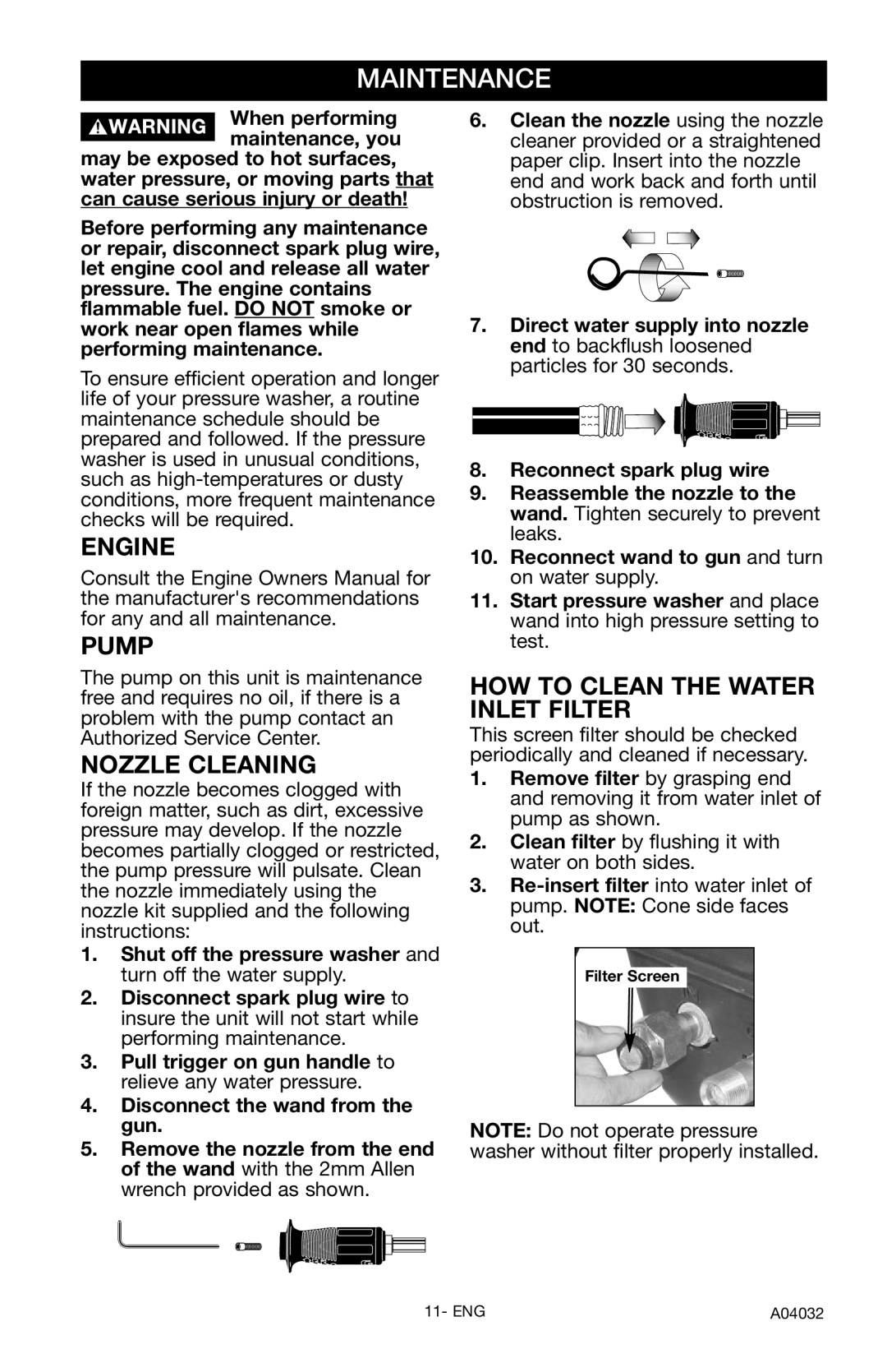 Delta DTT2450 instruction manual Maintenance, Engine, Pump, Nozzle Cleaning, How To Clean The Water Inlet Filter 