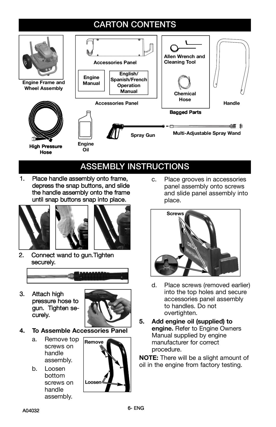 Delta DTT2450 Carton Contents, Assembly Instructions, To Assemble Accessories Panel, Add engine oil supplied to 
