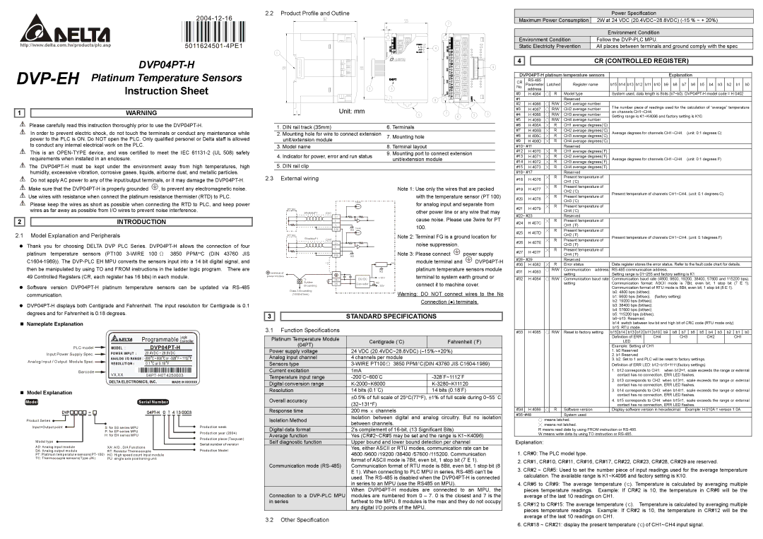 Delta DVP04PT-H, DVP-EH specifications Introduction, CR Controlled Register, Standard Specifications 