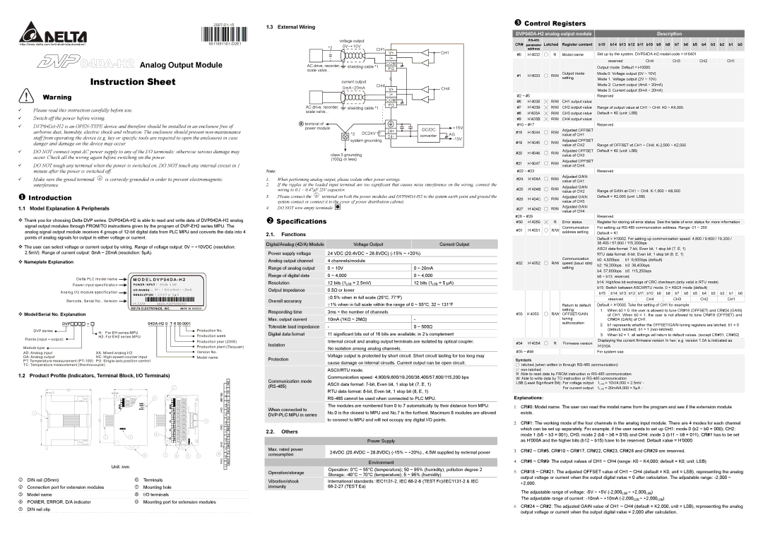 Delta DVP04DA-H2, DVP series instruction sheet Control Registers, Introduction, Specifications 