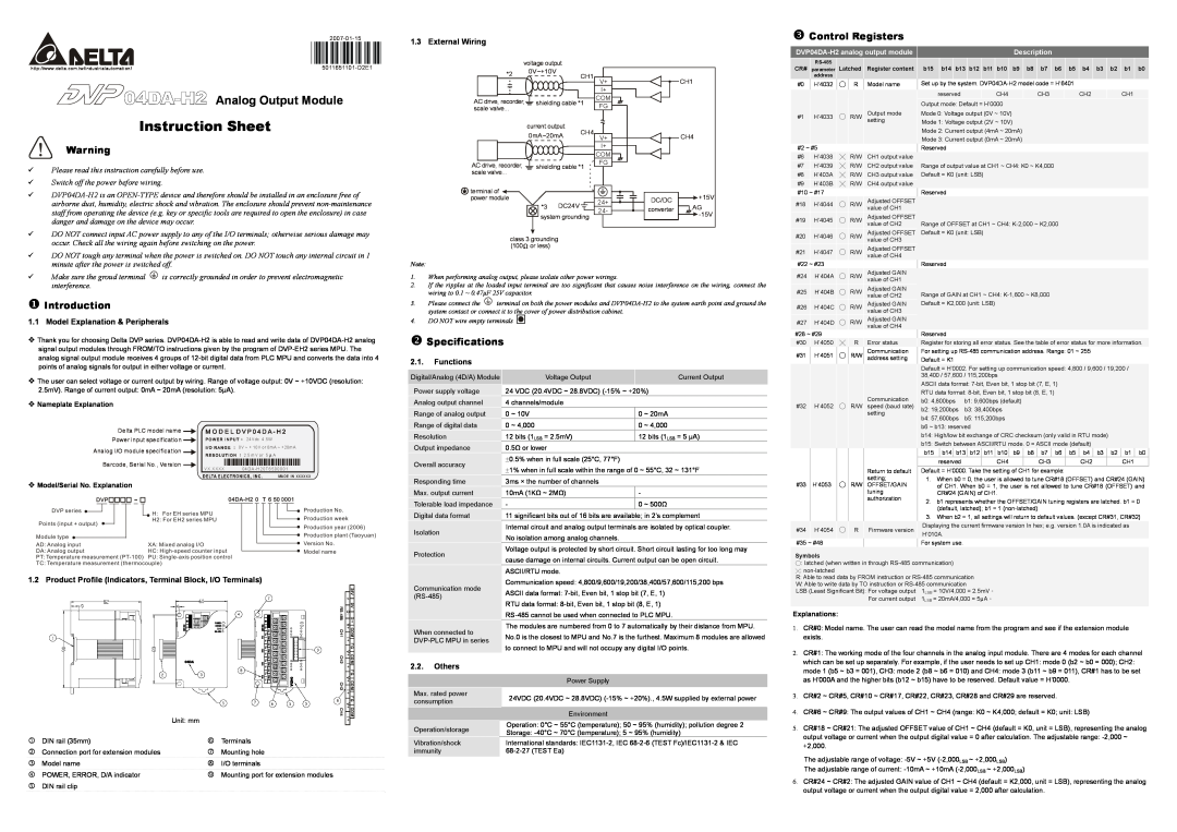 Delta DVP04DA-H2 instruction sheet Control Registers, Introduction, Specifications, External Wiring, Functions, Others 
