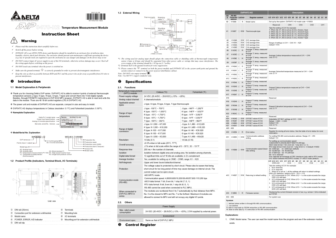 Delta DVP04TC-H2 instruction sheet Introduction, Specifications, Control Register 