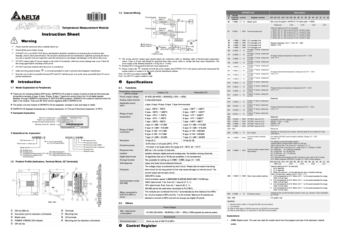 Delta DVP04TC-H2 instruction sheet Introduction, Specifications, Control Register, Model Explanation & Peripherals, Others 