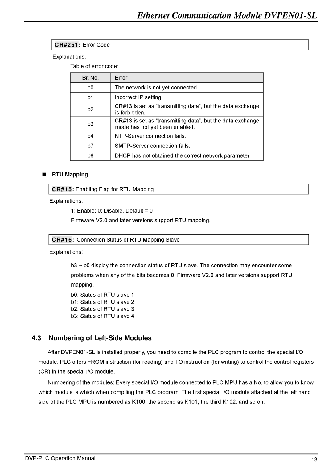 Delta DVPEN01-SL operation manual Numbering of Left-Side Modules, „ RTU Mapping 