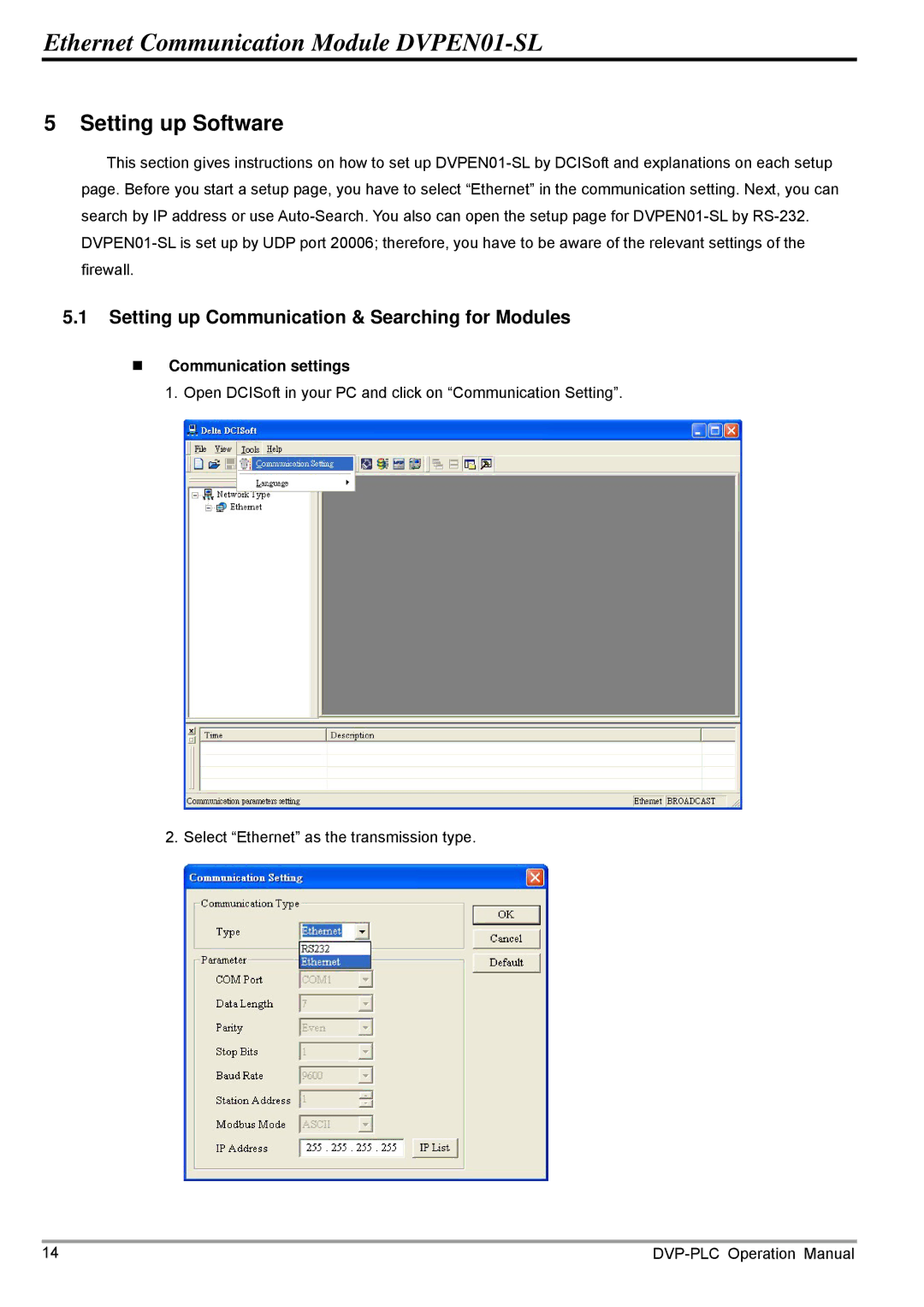 Delta DVPEN01-SL operation manual Setting up Communication & Searching for Modules, „ Communication settings 