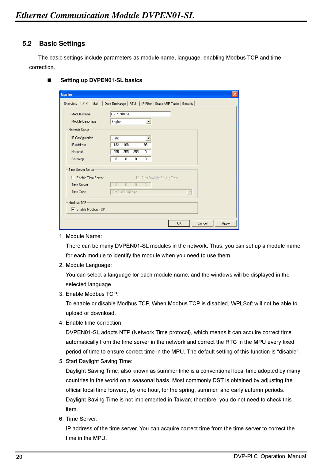 Delta operation manual Basic Settings, „ Setting up DVPEN01-SL basics 