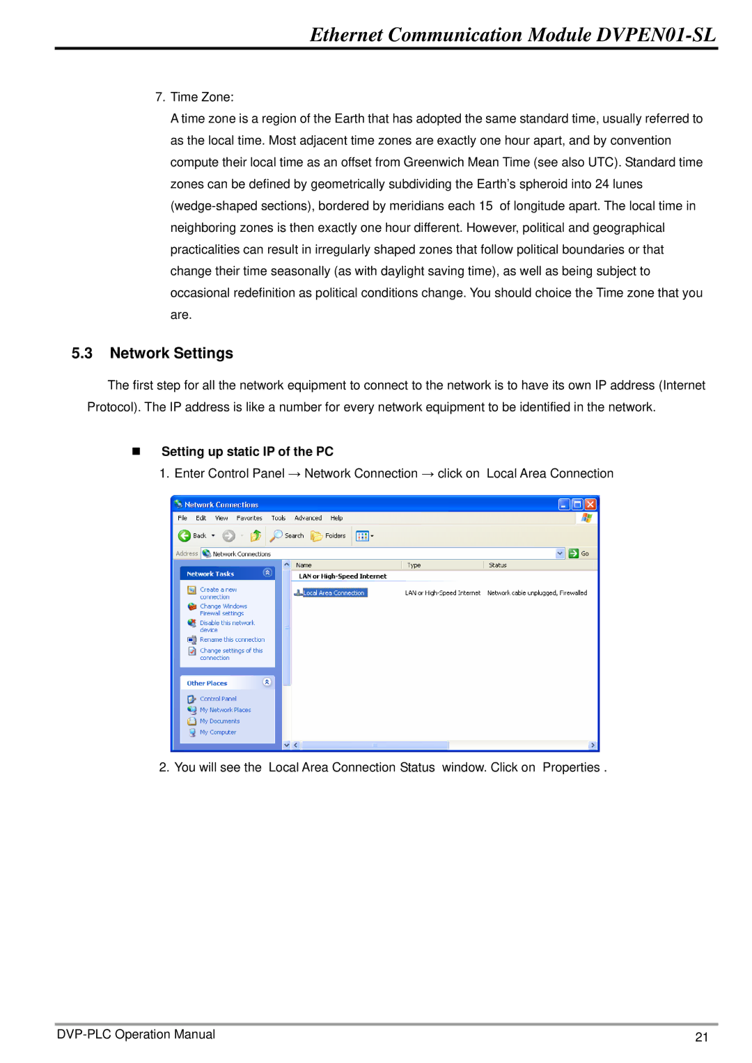 Delta DVPEN01-SL operation manual Network Settings, „ Setting up static IP of the PC 