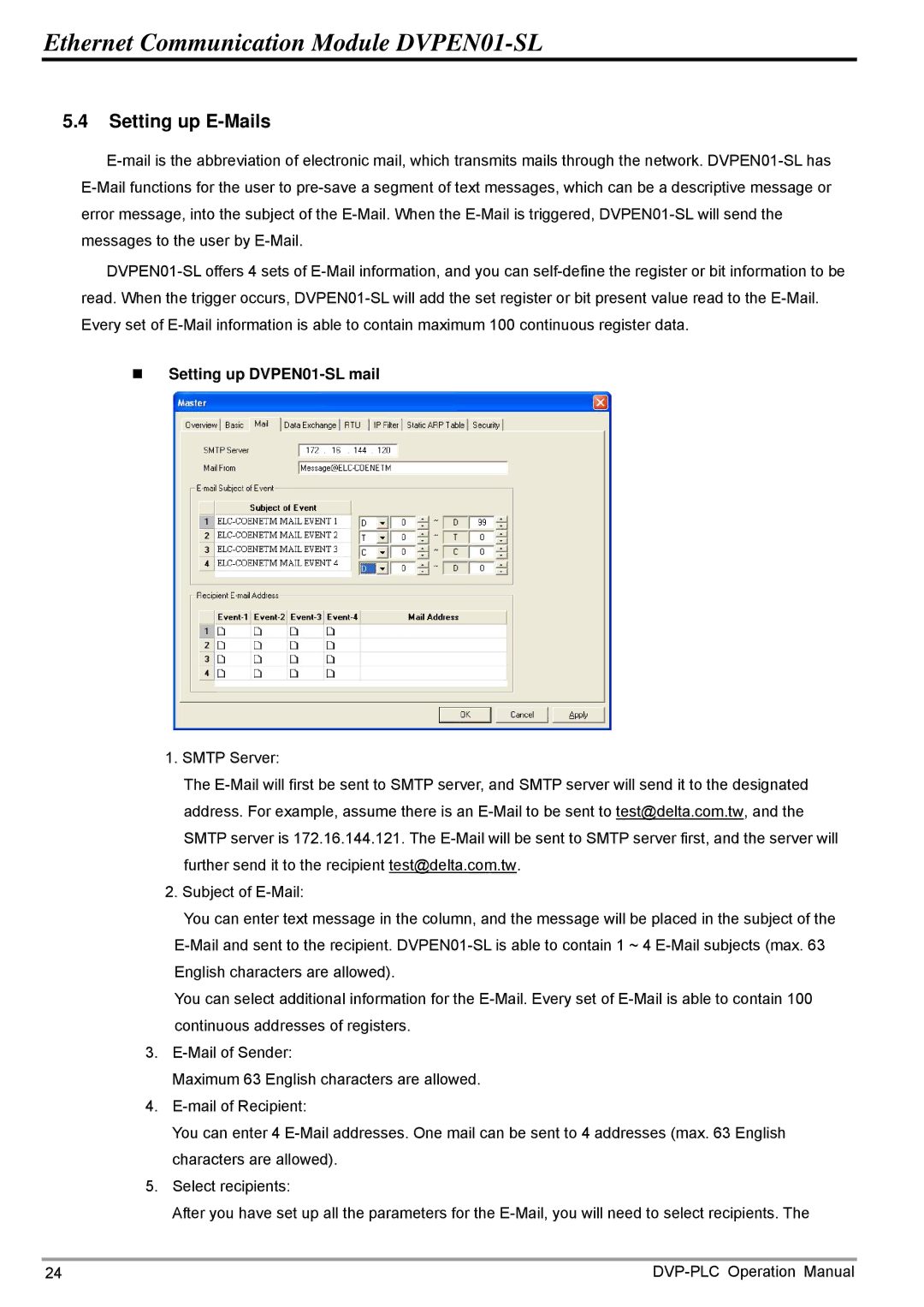 Delta operation manual Setting up E-Mails, „ Setting up DVPEN01-SL mail 