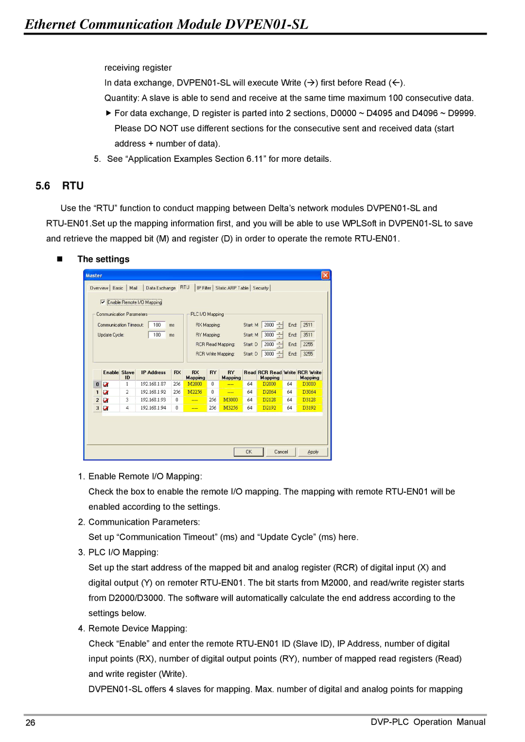 Delta DVPEN01-SL operation manual Rtu, „ The settings 