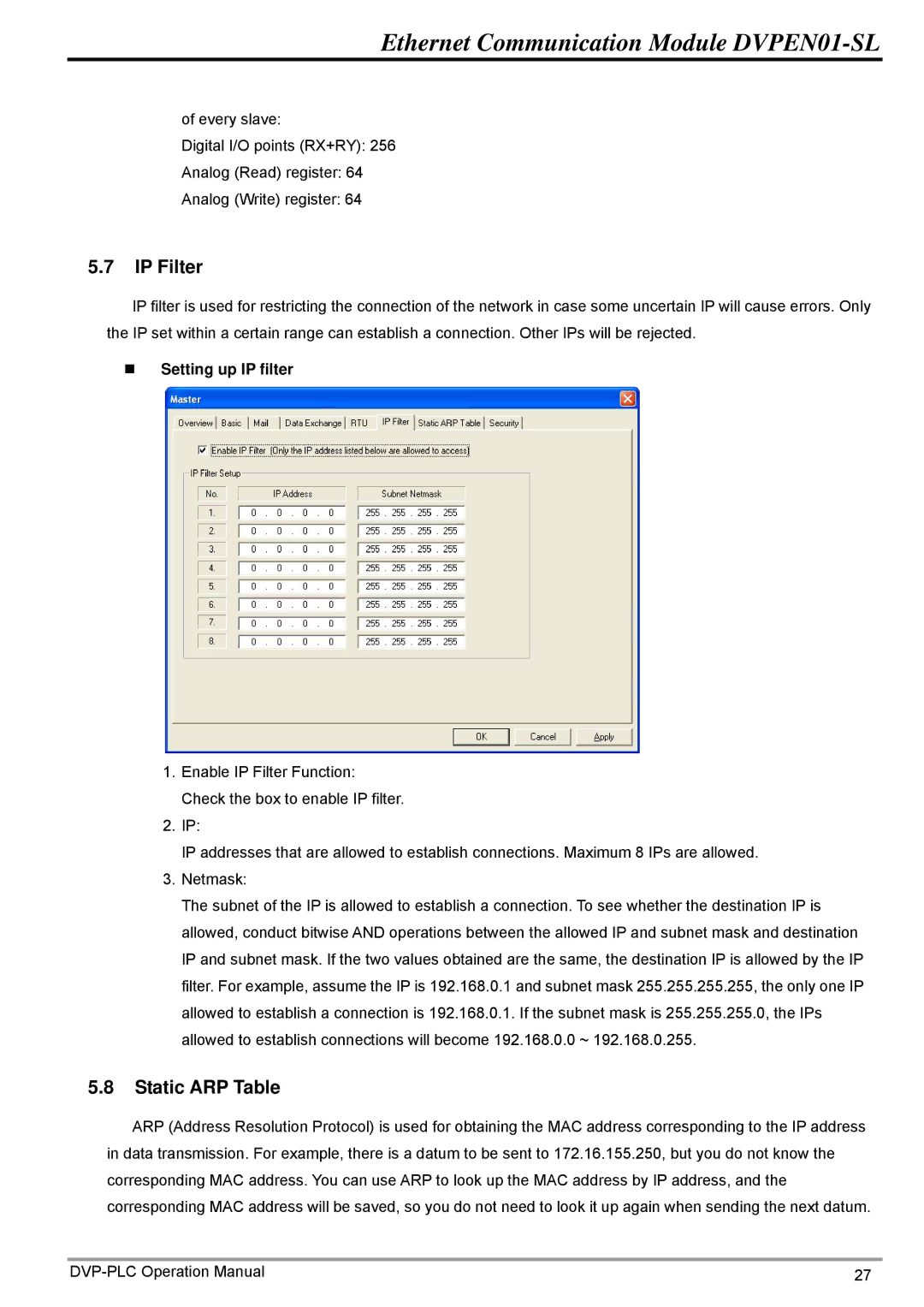 Delta DVPEN01-SL operation manual IP Filter, Static ARP Table, „ Setting up IP filter 