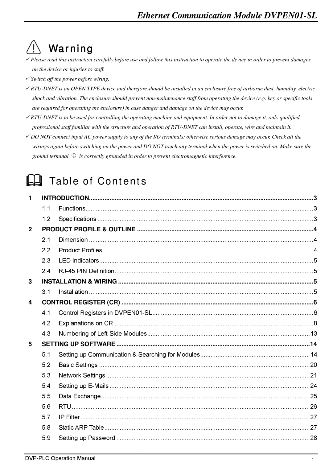 Delta DVPEN01-SL operation manual Table of Contents 