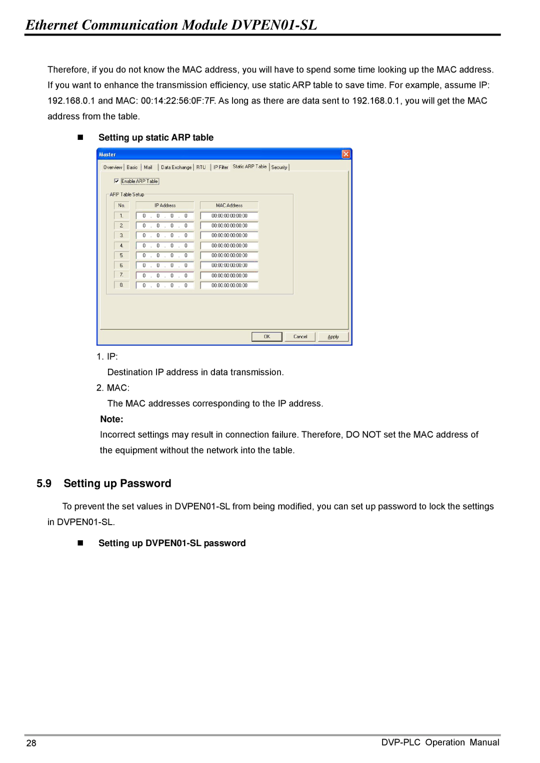 Delta operation manual Setting up Password, „ Setting up static ARP table, „ Setting up DVPEN01-SL password 