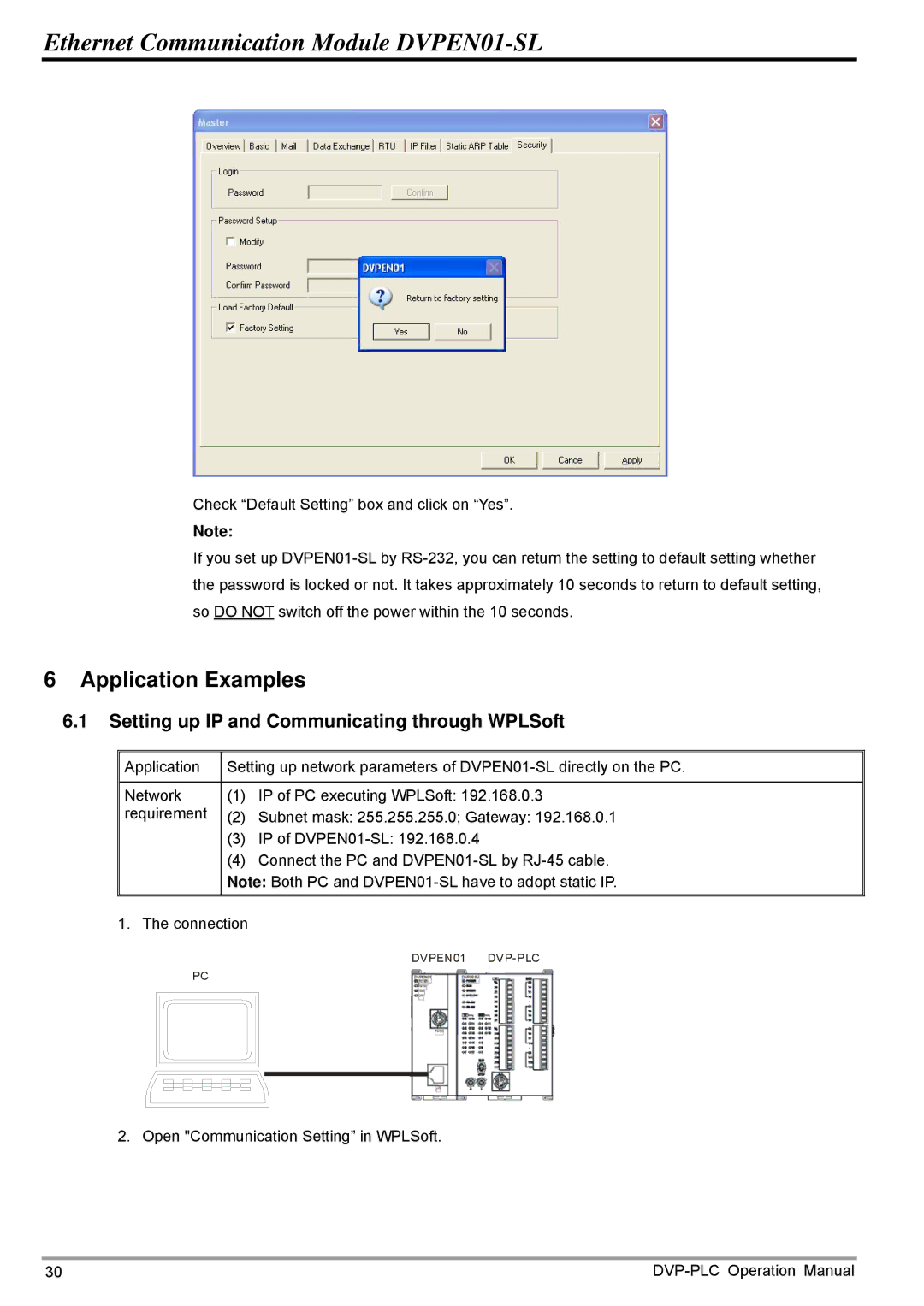 Delta DVPEN01-SL operation manual Application Examples, Setting up IP and Communicating through WPLSoft 