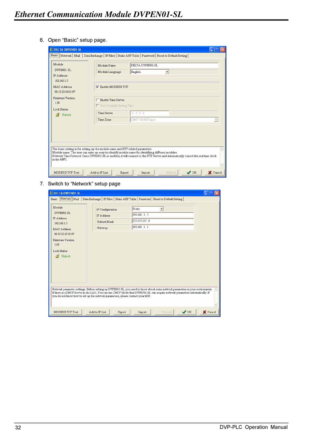 Delta DVPEN01-SL operation manual Open Basic setup Switch to Network setup 