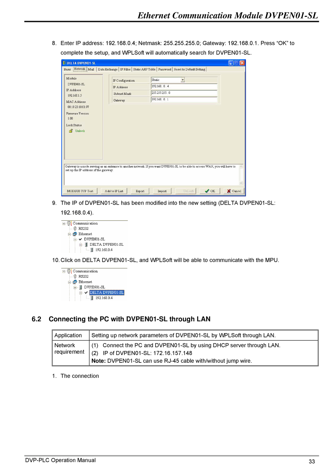 Delta operation manual Connecting the PC with DVPEN01-SL through LAN 