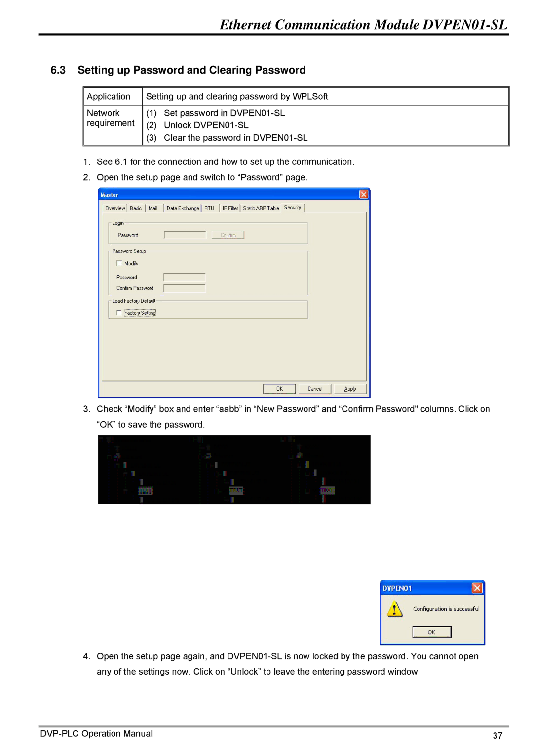 Delta DVPEN01-SL operation manual Setting up Password and Clearing Password 