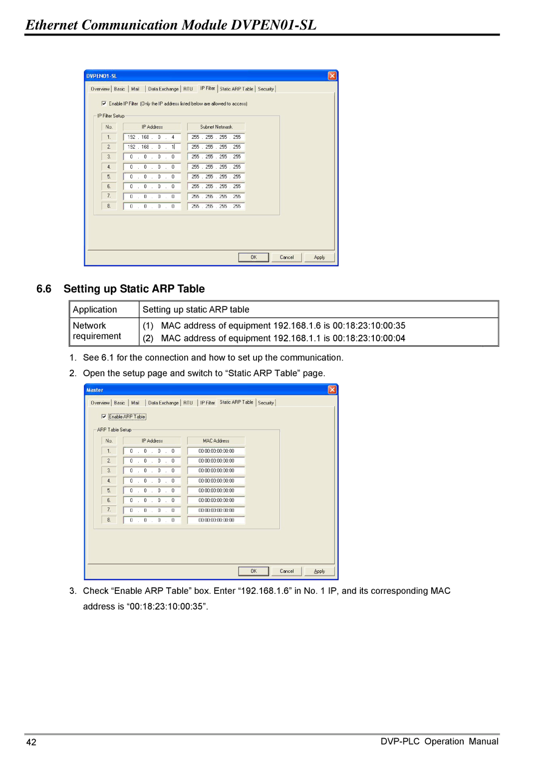 Delta DVPEN01-SL operation manual Setting up Static ARP Table 