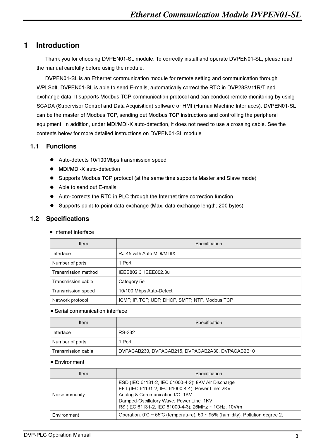 Delta DVPEN01-SL operation manual Functions, Specifications 