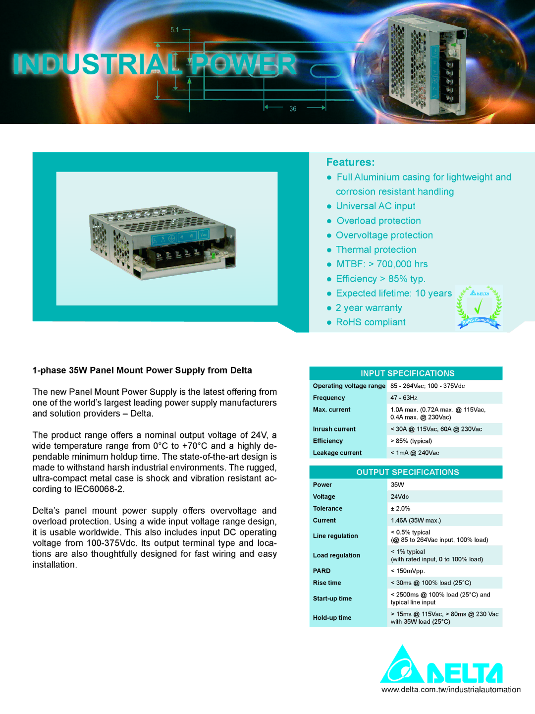 Delta Electronics 1-phase 35W warranty Input Specifications, Output Specifications, Pard 