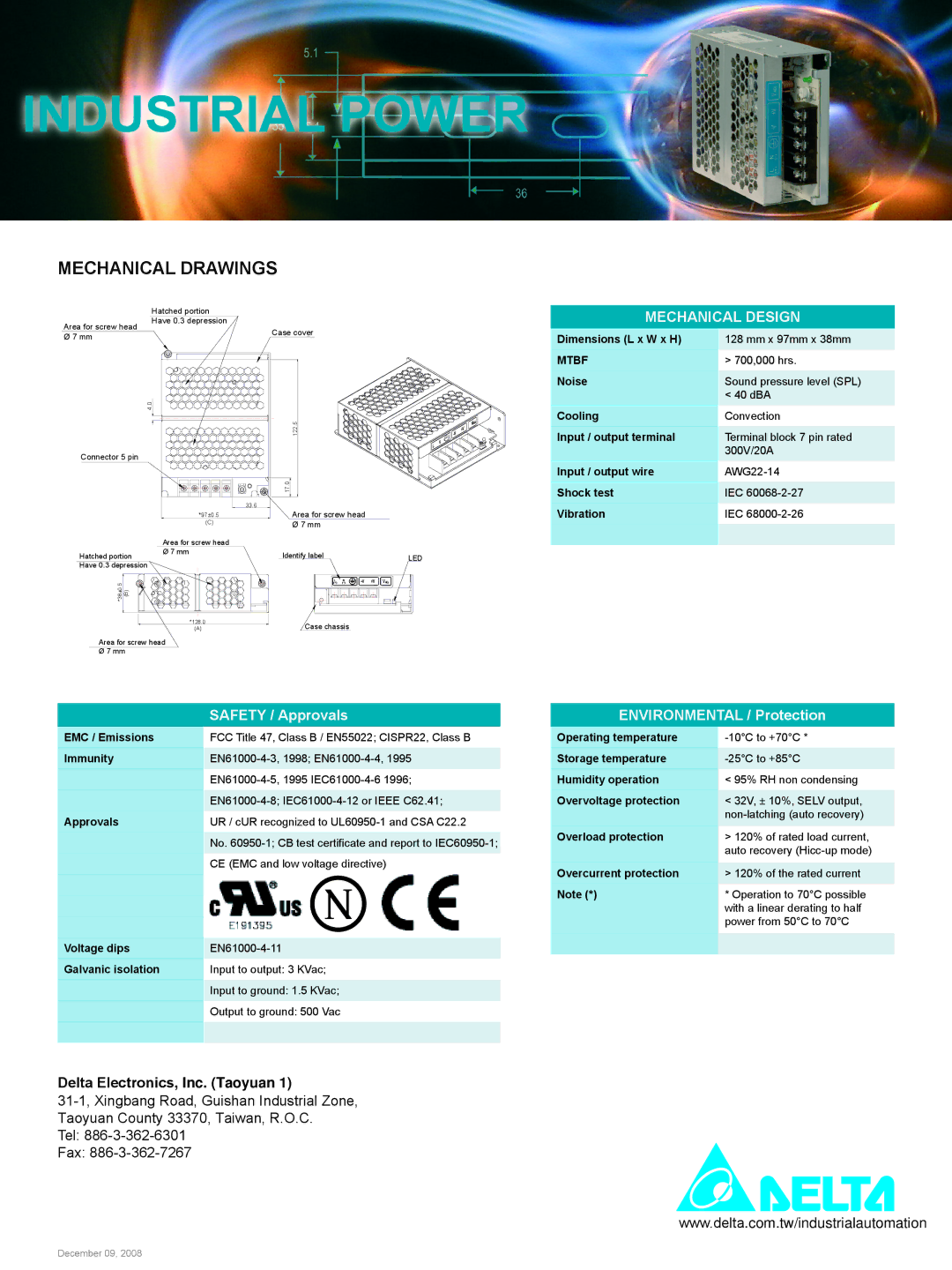 Delta Electronics 1-phase 35W warranty Mechanical Design, Safety / Approvals, Environmental / Protection, Mtbf 