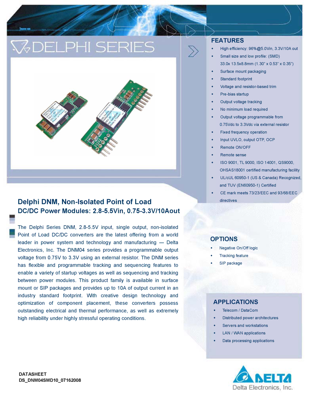 Delta Electronics 0.75-3.3V, 10A, 2.8-5.5Vin manual Delphi DNM, Non-Isolated Point of Load 