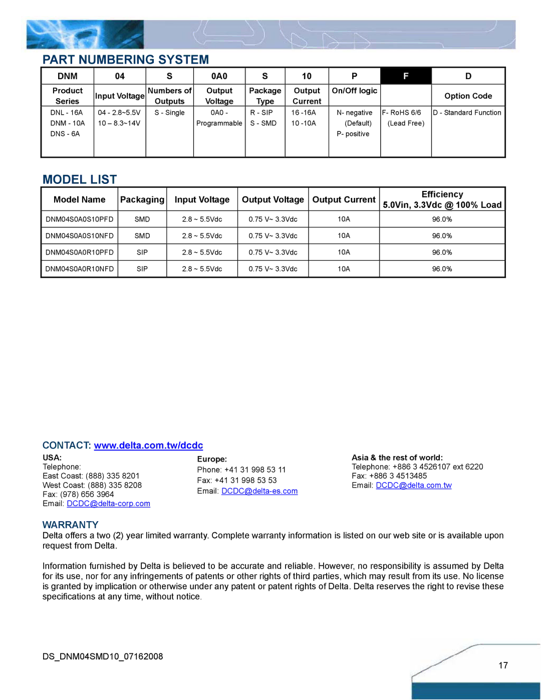 Delta Electronics 2.8-5.5Vin, 10A, 0.75-3.3V manual Part Numbering System, Model List 