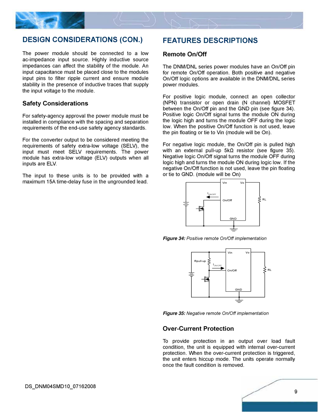 Delta Electronics 10A, 0.75-3.3V Design Considerations CON, Features Descriptions, Safety Considerations, Remote On/Off 