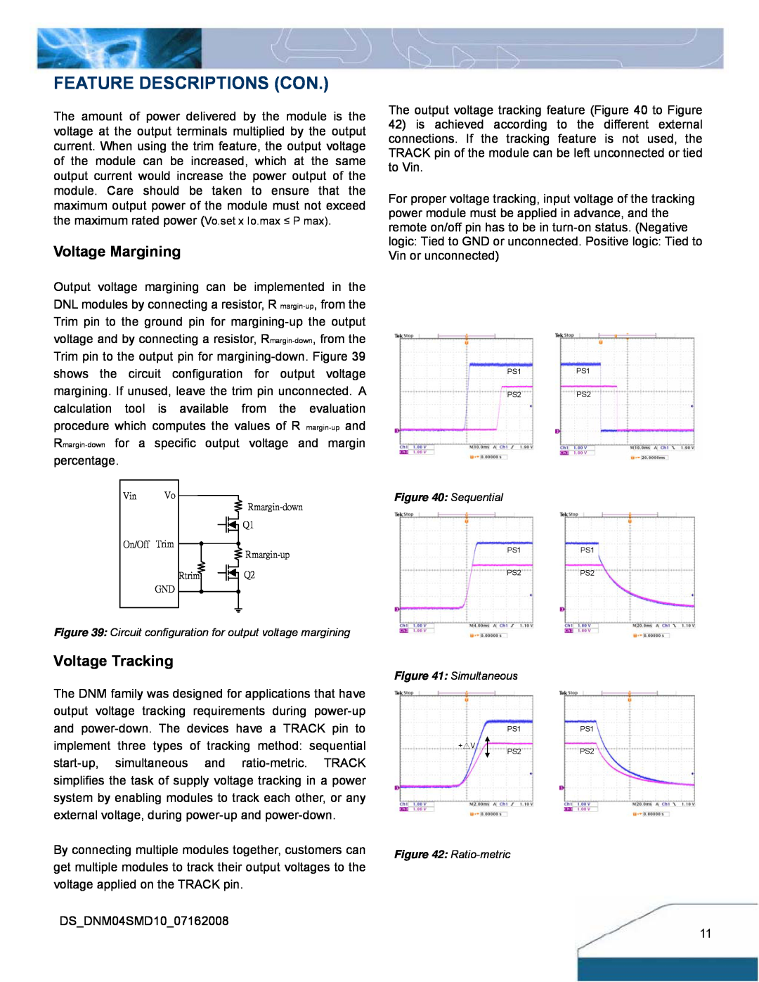 Delta Electronics 2.8-5.5Vin, 10A, 0.75-3.3V manual Feature Descriptions Con, Voltage Margining, Voltage Tracking 