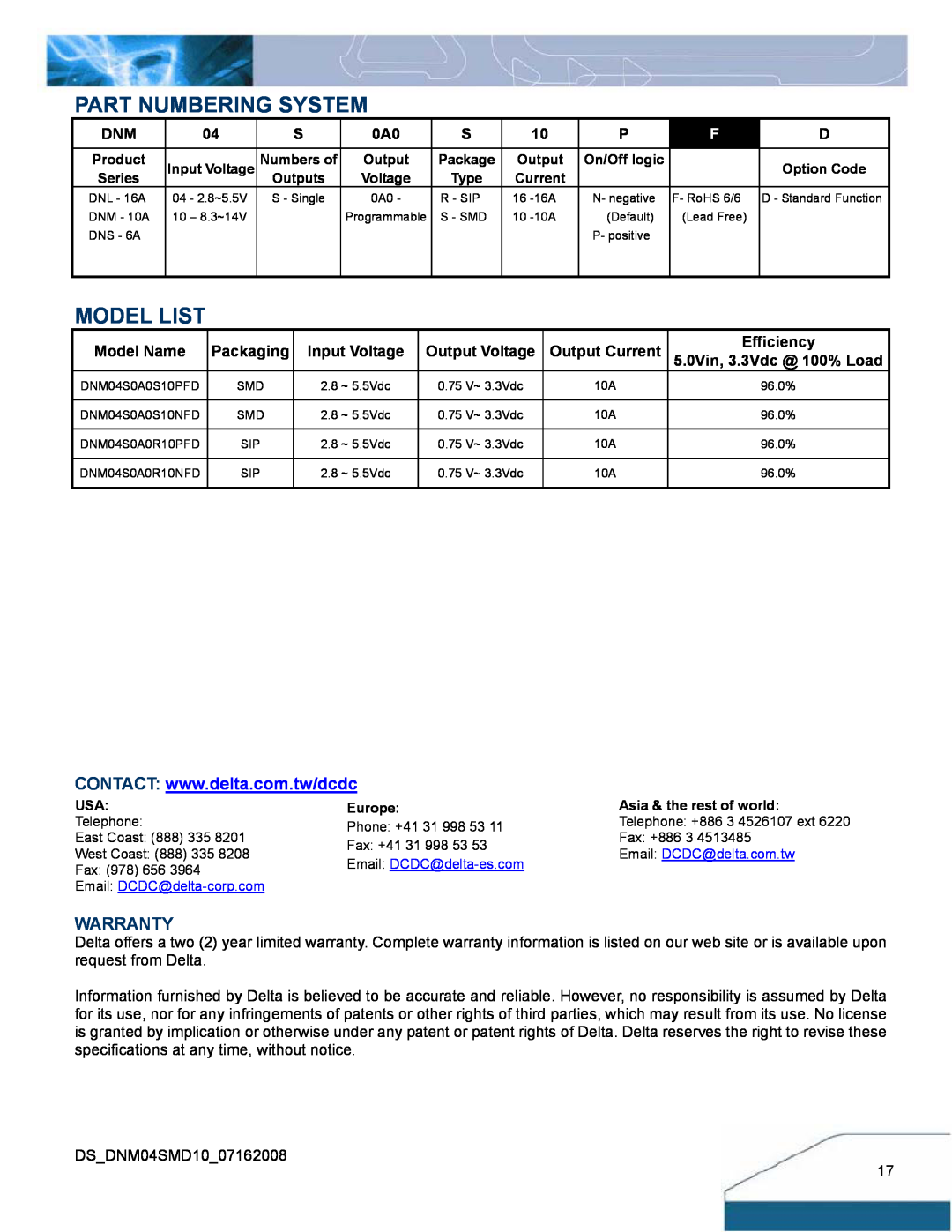 Delta Electronics 2.8-5.5Vin, 10A, 0.75-3.3V manual Part Numbering System, Model List, Warranty 