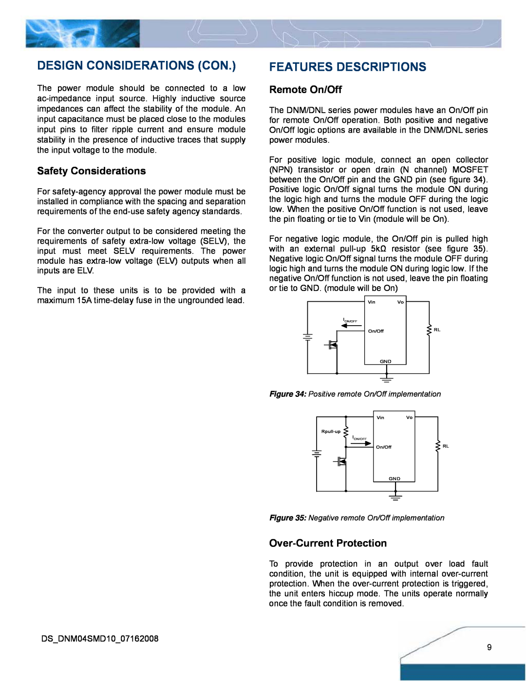 Delta Electronics 10A, 0.75-3.3V Design Considerations Con, Features Descriptions, Safety Considerations, Remote On/Off 