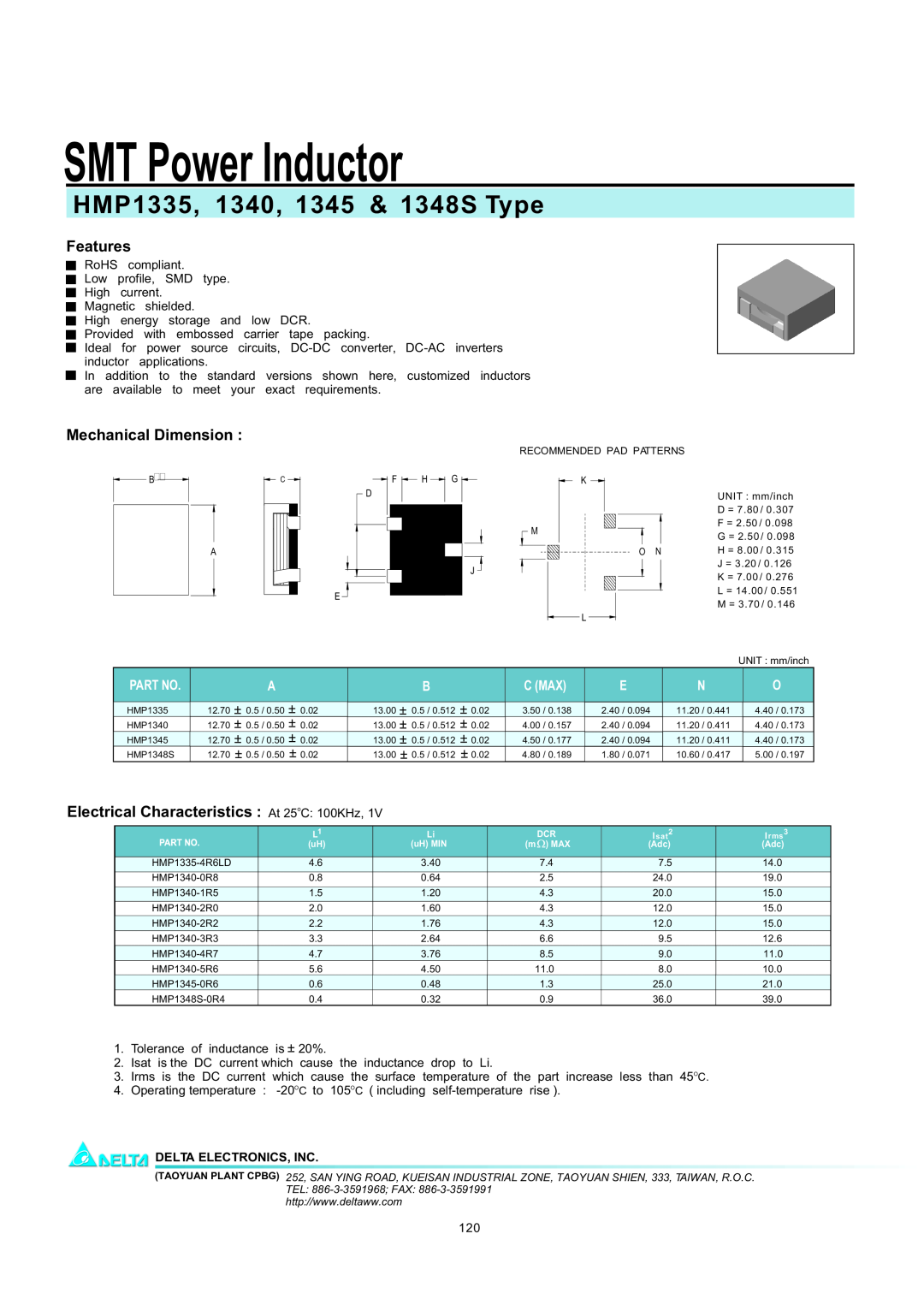 Delta Electronics manual SMT Power Inductor, HMP1335, 1340, 1345 & 1348S Type, Features, Mechanical Dimension, C Max 
