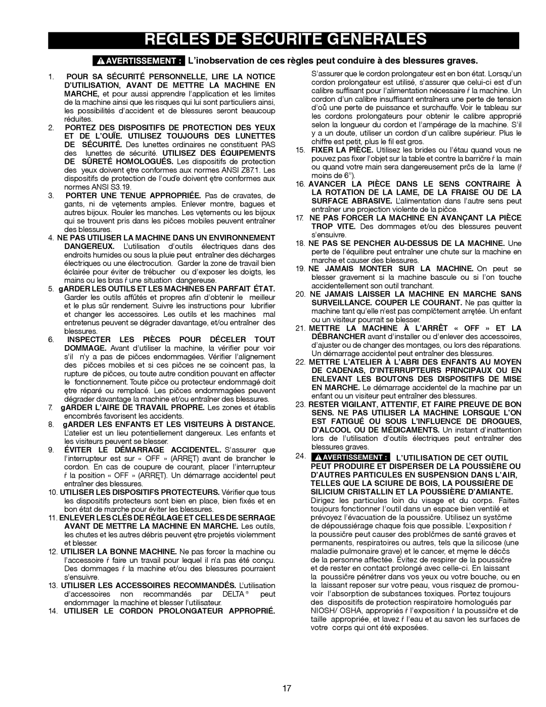 Delta Electronics 14-651 instruction manual Règles DE Sécurité Générales, Utiliser LE Cordon Prolongateur Approprié 