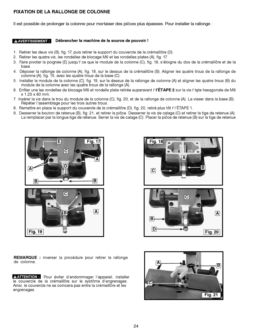 Delta Electronics 14-651 instruction manual Fixation DE LA Rallonge DE Colonne 