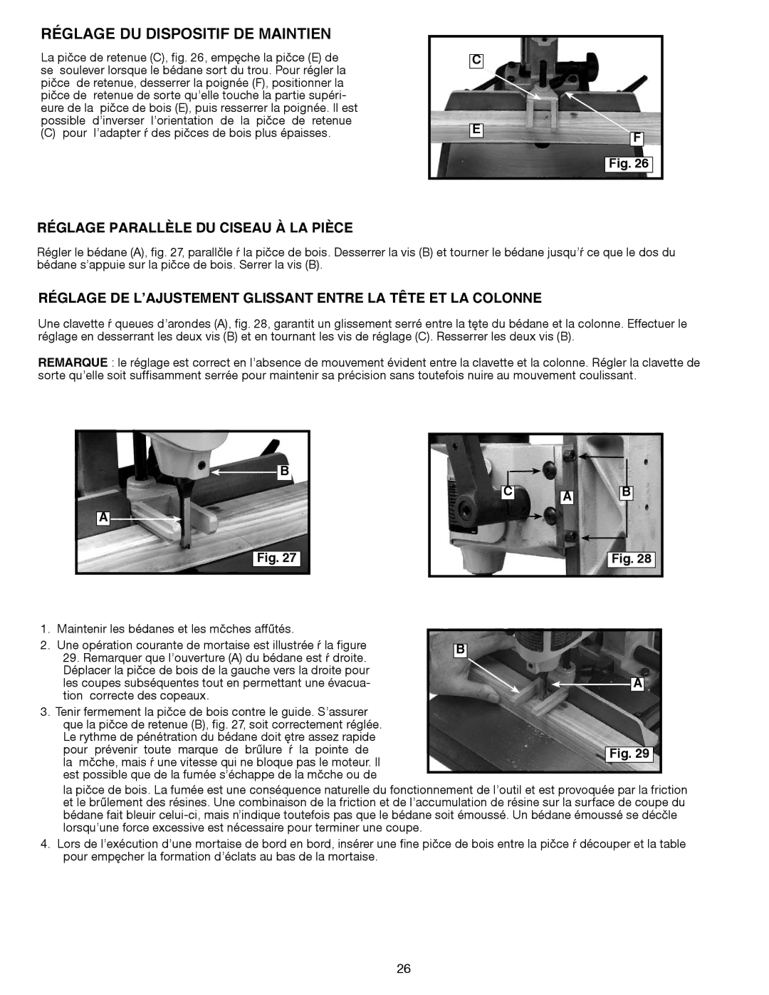 Delta Electronics 14-651 instruction manual Réglage DU Dispositif DE Maintien, Réglage Parallèle DU Ciseau À LA Pièce 