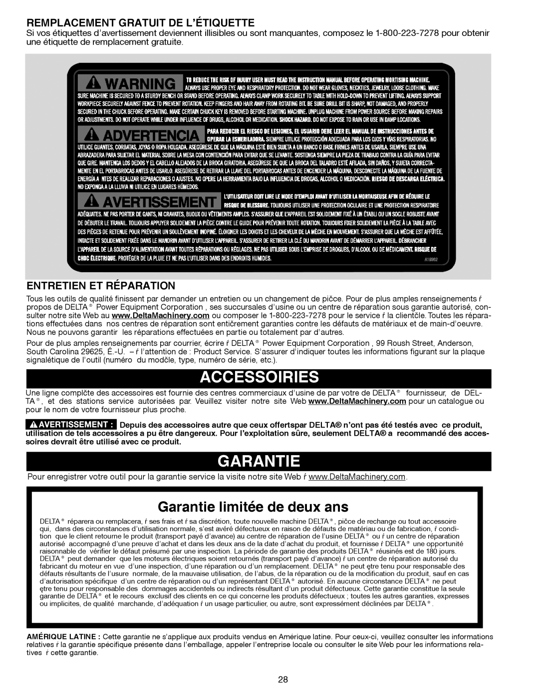 Delta Electronics 14-651 Accessoiries, Garantie, Remplacement Gratuit DE L’ÉTIQUETTE, Entretien ET Réparation 