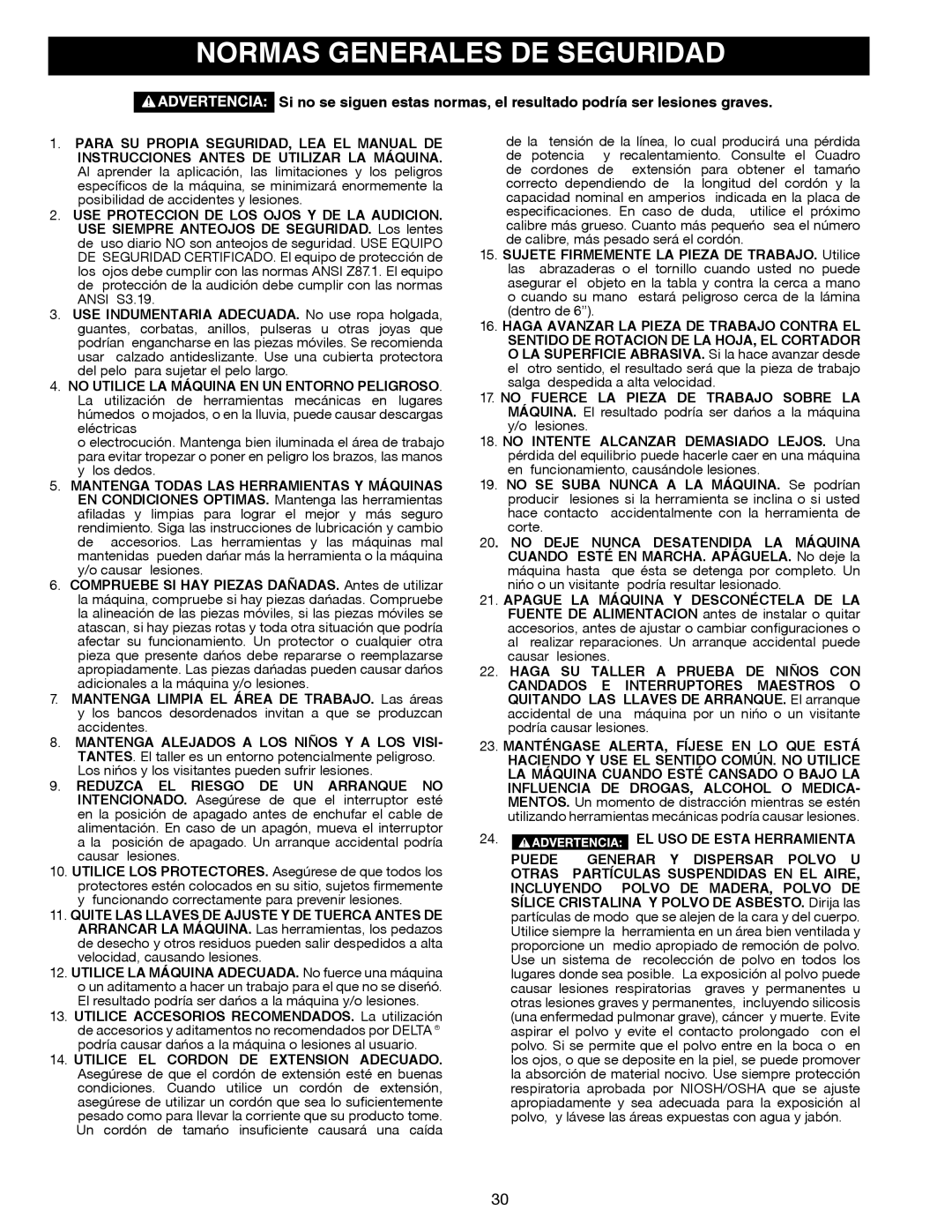 Delta Electronics 14-651 instruction manual Normas Generales DE Seguridad, Utilice EL Cordon DE Extension Adecuado 