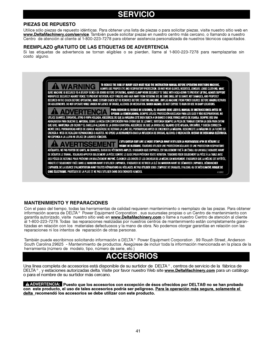 Delta Electronics 14-651 instruction manual Servicio, Accesorios, Piezas DE Repuesto, Mantenimiento Y Reparaciones 