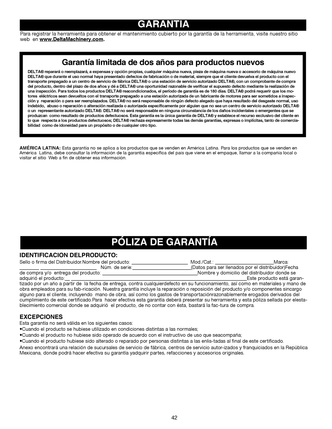 Delta Electronics 14-651 instruction manual Garantia, Póliza DE Garantía, Identificacion Delproducto, Excepciones 