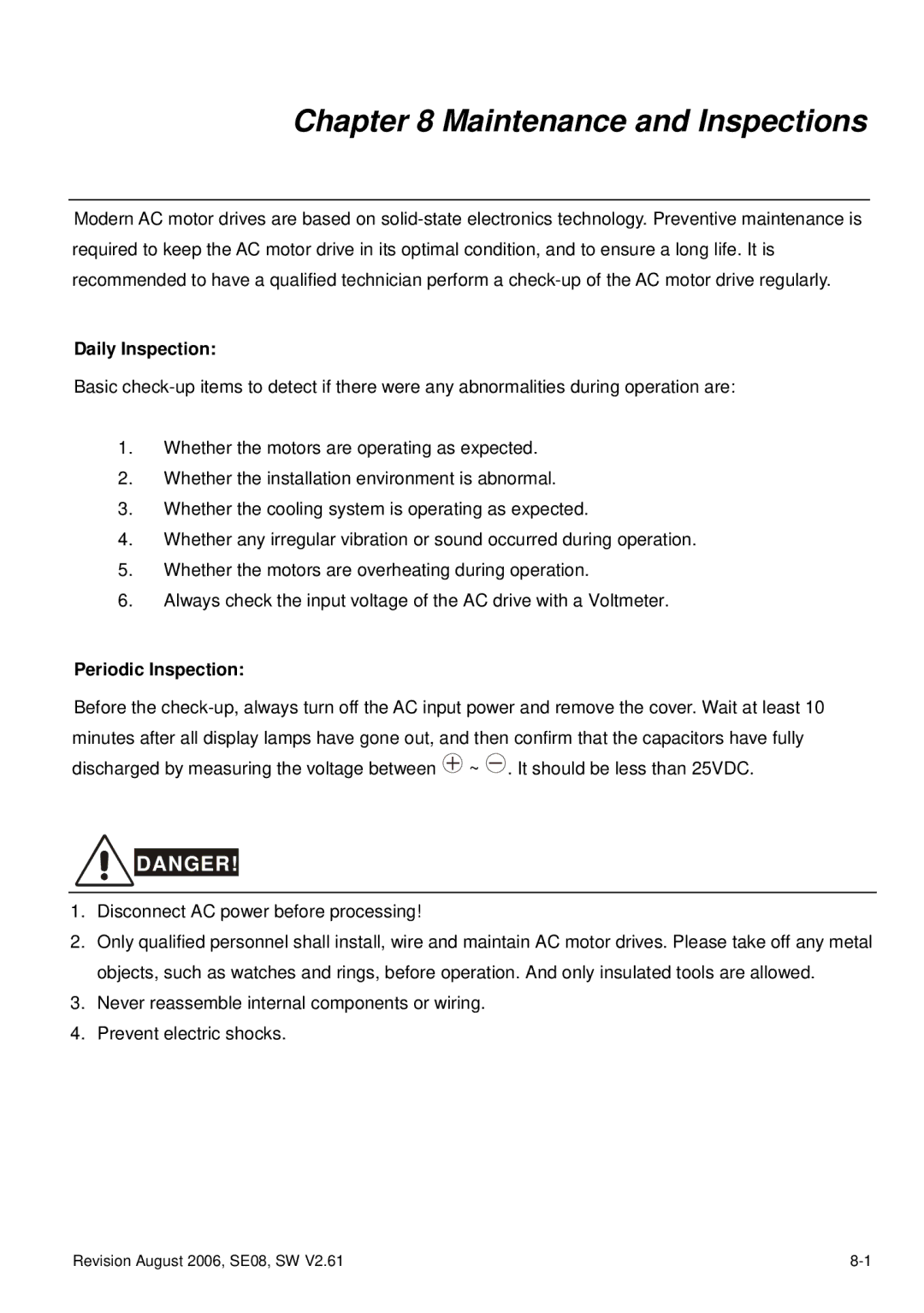 Delta Electronics 230V Series, 460V Series, 115V Series Maintenance and Inspections, Daily Inspection, Periodic Inspection 