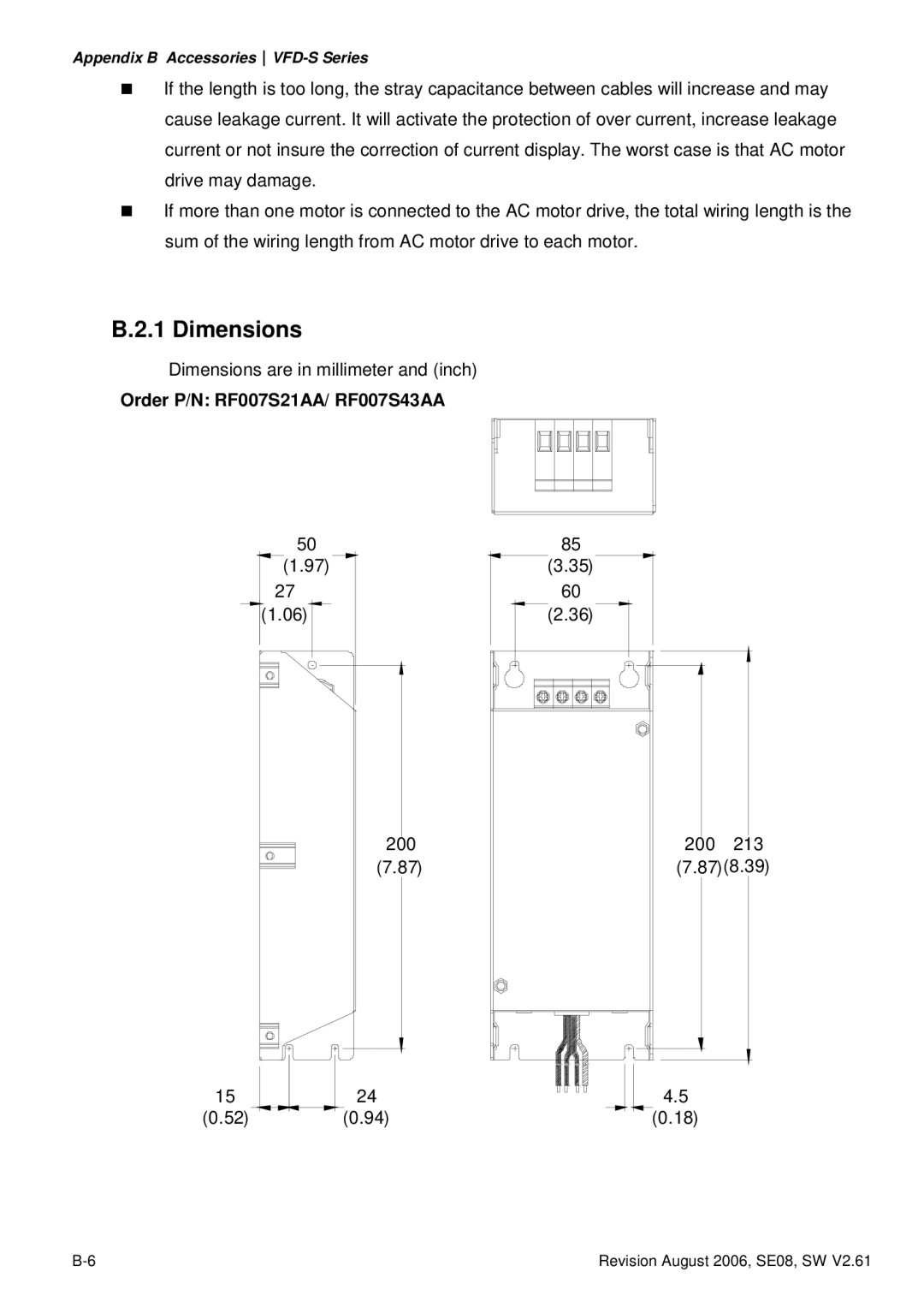 Delta Electronics 460V Series, 230V Series, 115V Series manual Dimensions, Order P/N RF007S21AA/ RF007S43AA 