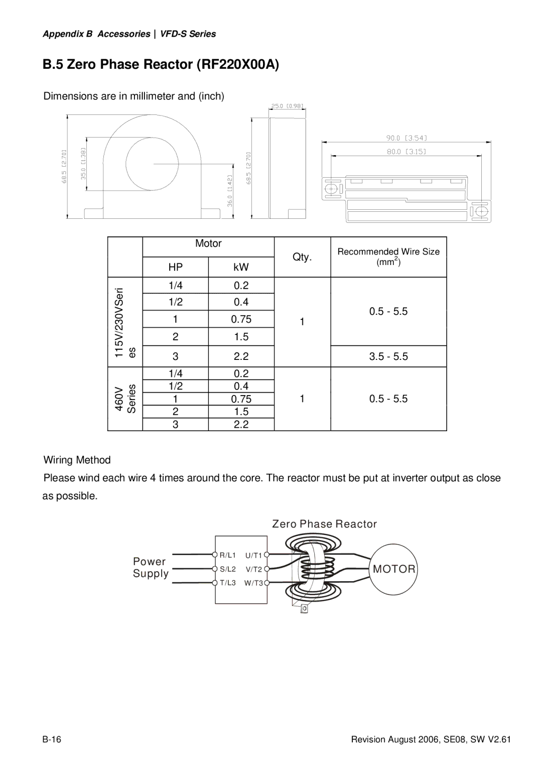 Delta Electronics 115V Series, 230V Series, 460V Series manual Zero Phase Reactor RF220X00A 