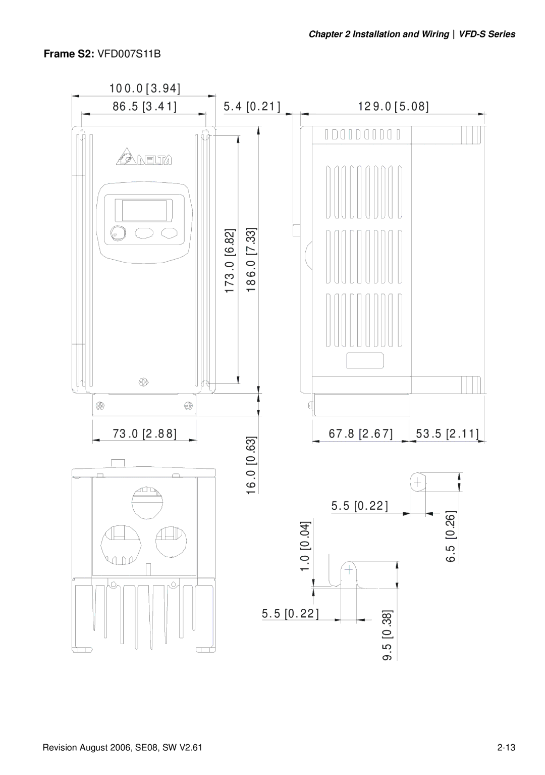 Delta Electronics 460V Series, 230V Series, 115V Series manual 67 .8 2 .6, Frame S2 VFD007S11B 