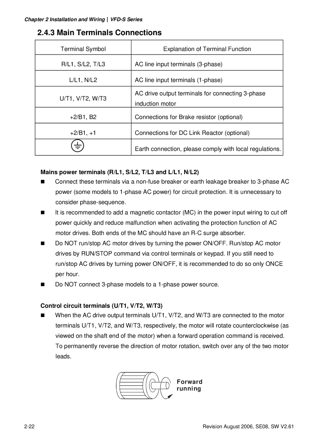 Delta Electronics 460V Series manual Main Terminals Connections, Mains power terminals R/L1, S/L2, T/L3 and L/L1, N/L2 