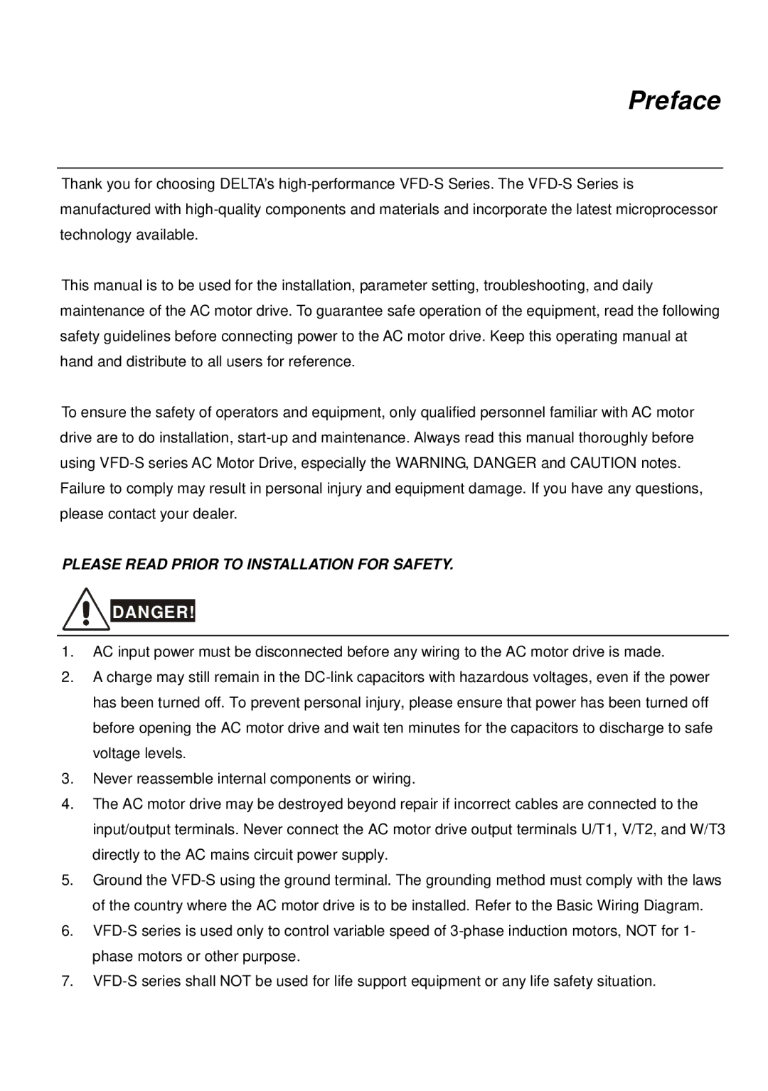 Delta Electronics 460V Series, 230V Series, 115V Series manual Preface, Please Read Prior to Installation for Safety 