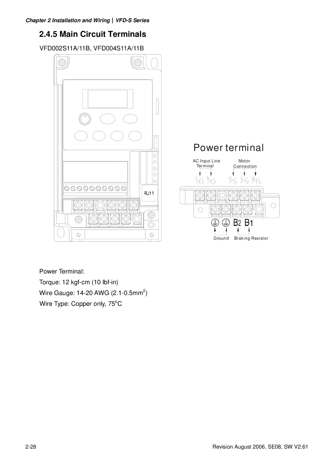 Delta Electronics 460V Series, 230V Series, 115V Series manual Power terminal, Main Circuit Terminals 