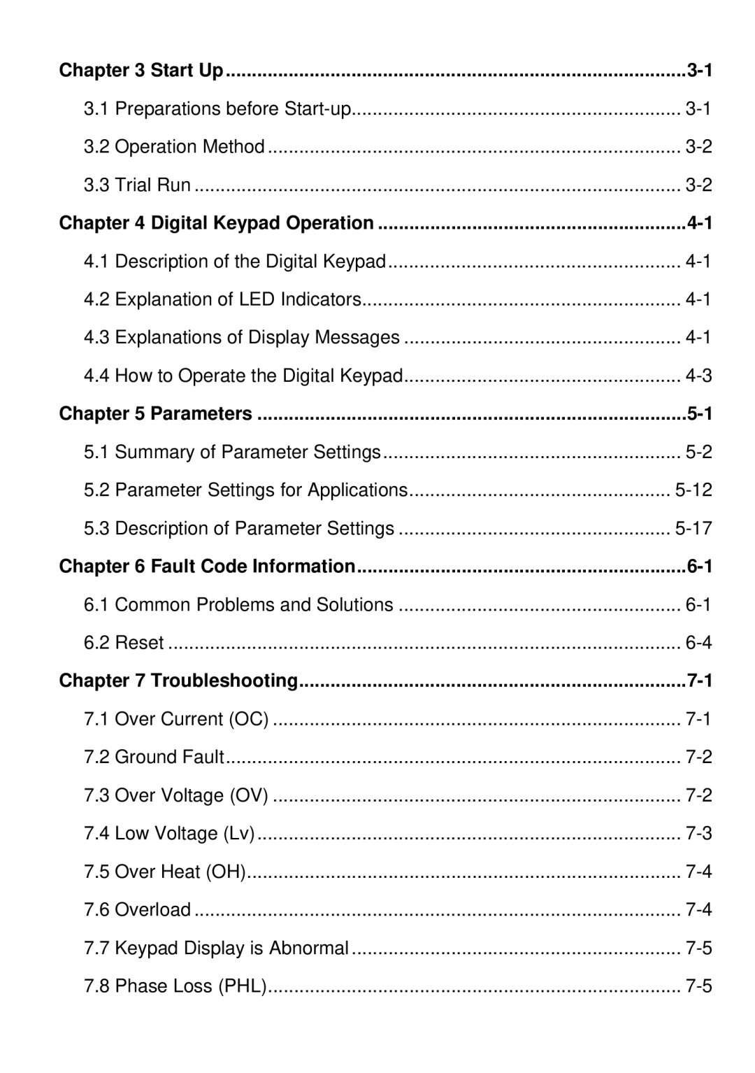 Delta Electronics 460V Series Start Up, Digital Keypad Operation, Parameters, Fault Code Information, Troubleshooting 