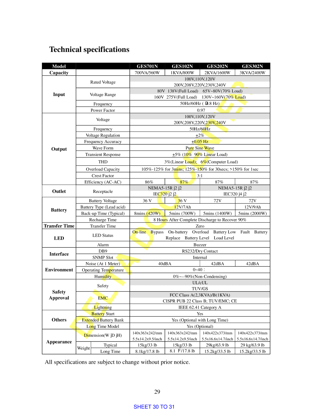 Delta Electronics 3KVA, 700VA manual Technical specifications 