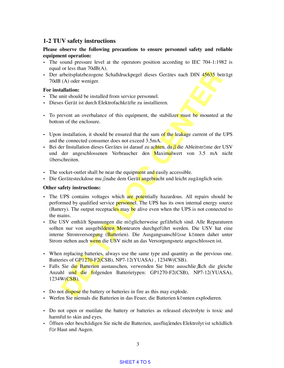 Delta Electronics 3KVA, 700VA manual TUV safety instructions, For installation, Other safety instructions 