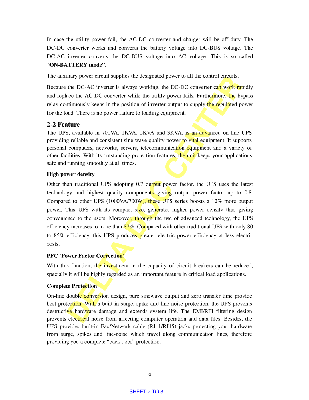 Delta Electronics 700VA, 3KVA manual Feature, High power density, PFC Power Factor Correction, Complete Protection 