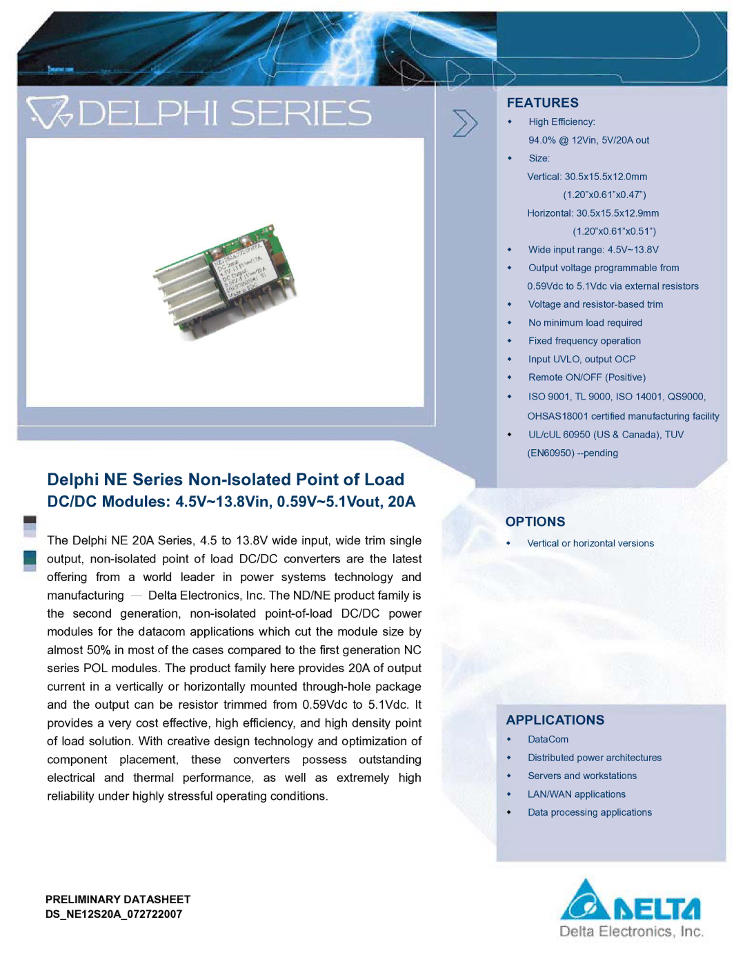 Delta Electronics 20A, 4.5V~13.8Vin, 0.59V~5.1Vout manual Delphi NE Series Non-Isolated Point of Load 